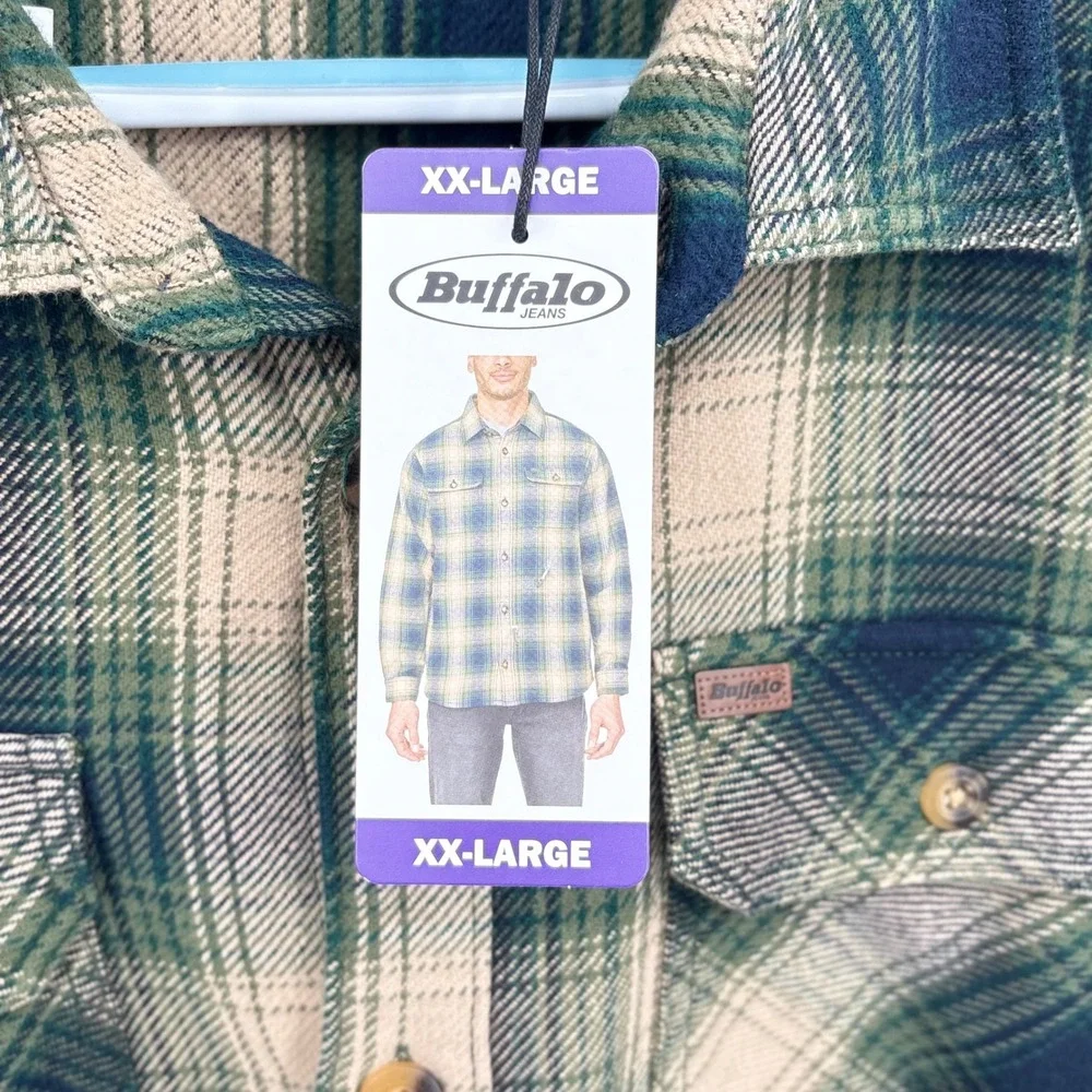 Buffalo David Bitton Mens XXL Green Plaid Cotton Flannel Shirt Jacket Shacket